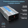Przenośna przetwornica napięcia z czystym sinusem o mocy ciągłej 2000W i mocy chwilowej 4000W, z napięciem wejściowym 12V DC i wyjściowym 230V AC. Na przetwornicy widoczny jest napis "Pure Sine Wave Inverter 2000W Surge Power 4000W" oraz ikona portu USB z