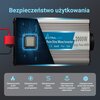 Na zdjęciu znajduje się przetwornica z napisem "EXTRALINK Pure Sine Wave Inverter 2000W Surge Power 4000W" oraz oznaczeniami CE, RoHS i 12V. W tle widoczny jest schemat układu elektronicznego, a poniżej znajdują się ikony z opisami: "Zabezpieczenie przed 