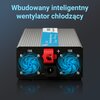 Przetwornica EXTRALINK 12V na 230 2000W/4000W Czysta sinusoida z widocznymi dwoma niebieskimi wentylatorami i czerwonym złączem, na której znajduje się napis "Wbudowany inteligentny wentylator chłodzący". Na urządzeniu widoczne są oznaczenia "FAN" oraz lo