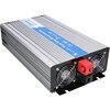 Srebrna przetwornica z niebieskim panelem, na którym widnieje napis "Pure sine wave inverter 12V 2000W", posiada dwa wentylatory i czerwone złącze. Na panelu widoczne są również oznaczenia CE oraz logo producenta "EXTRALINK".