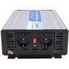 Srebrna przetwornica z dwoma gniazdami elektrycznymi, przełącznikiem, portem USB i wskaźnikami LED na przednim panelu, z widocznym napisem "Pure Sine Wave Inverter 2000W". Na górze urządzenia znajduje się niebieski pasek z dodatkowym tekstem.