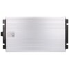 Srebrna przetwornica z widocznymi poziomymi żłobieniami i etykietą zawierającą tekst: "Pure Sine Wave Inverter, Continuous Power 2000W, Model: SPI-2000-12V, WARNING". Produkt ma prostokątny kształt z czarnymi elementami na końcach.