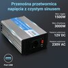 Przenośna przetwornica napięcia z czystym sinusem o mocy ciągłej 1500W i mocy chwilowej 3000W, z napięciem wejściowym 12V DC i wyjściowym 230V AC. Na urządzeniu widoczny jest port USB oraz włącznik, a na obudowie napis "Pure Sine Wave Inverter 1500W".
