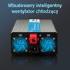 Na zdjęciu znajduje się przetwornica z widocznymi dwoma niebieskimi wentylatorami i czerwonym przełącznikiem, z napisem "Wbudowany inteligentny wentylator chłodzący" u góry. Na urządzeniu widnieje logo "EXTRALINK" oraz oznaczenia "FAN" przy wentylatorach.