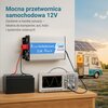 Na zdjęciu znajduje się przetwornica z napisem "EXTRALINK Pure Sine Wave Inverter 1500W Surge Power 3000W" zamontowana na ścianie, podłączona do akumulatora i oscyloskopu, na którym widoczny jest wykres sinusoidalny. W tle znajduje się kamper z panelami s