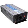 Srebrna przetwornica z widocznym napisem "Pure Sine Wave Inverter 12V 1500W Surge Power 3000W" oraz oznaczeniami CE i RoHS. Na przednim panelu znajduje się gniazdo elektryczne, przełącznik oraz diody kontrolne.