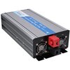 Srebrna przetwornica z niebieskim panelem, na którym widnieje napis "Pure Sine Wave Inverter 12V 1500W", posiada dwa wentylatory z oznaczeniem "FAN" oraz czerwony element z przodu. Na panelu znajduje się logo "EXTRALINK" oraz oznaczenia CE i Plus.