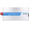 Srebrna przetwornica z niebieskim panelem, na którym widnieje napis: "EXTRALINK Pure Sine Wave Inverter 1500W Surge Power 3000W CE RoHS 12V". Po lewej stronie znajduje się czerwony element, a po prawej czarny.