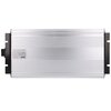 Srebrna przetwornica z widoczną etykietą zawierającą tekst: "Pure Sine Wave Inverter, Continuous Power: 1500W, Model: PSW-1500-12, WARNING". Produkt ma żebrowaną powierzchnię i czarne elementy po bokach.