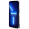 Przedstawione jest przezroczyste etui na telefon z widocznym ekranem urządzenia, na którym wyświetlany jest niebieski wzór świetlny. Etui ma wyraźnie zaznaczone przyciski boczne i otwory na porty.