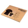Brązowe opakowanie z logo "NEO TOOLS" zawiera zdjęcie czarnej koszulki z zielonymi detalami oraz informacje: "COTTON 100%", "180 g/m²", symbole prania, oznaczenie CE i adres strony internetowej "neo-tools.com".