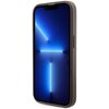 Brązowe etui na telefon z widocznym przyciskiem bocznym, dopasowane do modelu iPhone 14 Pro Max. Na ekranie telefonu wyświetlany jest abstrakcyjny wzór z niebieskimi liniami i punktami świetlnymi.