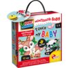 Kolorowe pudełko z grą edukacyjną "LISCIANI Montessori Baby Touch my baby" zawiera ilustracje zwierząt, takich jak jelonek i panda, oraz napisy: "Montessori Made in Italy", "Touch my BABY", "Tactile", "12 PCS". Logo "LISCIANI" znajduje się w prawym dolnym rogu.