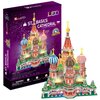 Pudełko z puzzlami 3D przedstawia kolorowy model Katedry Św. Bazyla z elementami LED, z napisem "ST. BASIL'S CATHEDRAL" oraz logo "Cubic Fun". Na opakowaniu widnieje informacja o liczbie elementów (128) oraz ostrzeżenie o ryzyku zadławienia dla dzieci pon