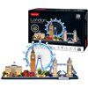 Na zdjęciu znajduje się opakowanie puzzli 3D marki CubicFun, przedstawiające model architektury Londynu z elementami LED. Widoczny jest model z charakterystycznymi budowlami, takimi jak Big Ben i London Eye, a na opakowaniu znajduje się napis "London CITY