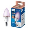 Na zdjęciu znajduje się inteligentna żarówka LED marki PHILIPS oraz jej opakowanie. Na opakowaniu widnieją napisy: "PHILIPS Smart LED", "Easy control with app or voice", "4.9W = 40W", "470 lumen", "E14", "WiZ Connected", a także grafiki przedstawiające ap