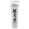 Biała tubka pasty do zębów z napisem "BLANX" w czarnym kolorze, poniżej widnieje tekst "Non-abrasive whitening toothpaste". Na górze tubki znajduje się napis "WHITENING 100% NATURAL ARCTIC LICHENS", a na dole "HEALTHY WHITE NON ABRASIVE TOOTHPASTE".