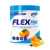 Na zdjęciu znajduje się opakowanie suplementu diety "6PAK Flex Pak" o smaku pomarańczowym, wspierającego stawy i kości, z zaawansowaną formułą z kolagenem, witaminami i minerałami. Na opakowaniu widnieje napis "NET WT 400 g" oraz informacja o 20 porcjach 