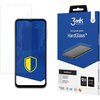 Na zdjęciu widoczny jest telefon z nałożonym szkłem hartowanym oraz opakowanie produktu z napisem "3mk Protection tempered glass HardGlass™". Na opakowaniu znajdują się ikony i teksty informujące o cechach produktu, takich jak "9H hardness" i "FIT-IN™ tec