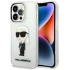 Przezroczyste etui na telefon z grafiką przedstawiającą postać w ciemnych okularach i garniturze, z białymi włosami spiętymi w kucyk. Na dole etui widnieje napis "KARL LAGERFELD".