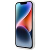 Przezroczyste etui na telefon, dopasowane do modelu Apple iPhone 14 Pro, ukazuje ekran z kolorowym gradientem w odcieniach niebieskiego, różowego i pomarańczowego. Etui ma gładką powierzchnię i wycięcia na przyciski oraz porty urządzenia.
