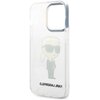 Przezroczyste etui na telefon z dużym otworem na aparat, ozdobione grafiką postaci w ciemnych okularach i garniturze. Na dole etui widnieje napis "KARL LAGERFELD".