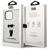 Przezroczyste etui na telefon z grafiką postaci w okularach przeciwsłonecznych i napisem "KARL LAGERFELD" znajduje się w opakowaniu z logo "KARL LAGERFELD" na górze. Na odwrocie opakowania widnieją ikony z opisami: "SLIM PROFILE", "EASY SNAP-ON", "DROP PR