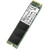 Zdjęcie przedstawia zielony dysk SSD z widocznymi czarnymi modułami i białą naklejką zawierającą tekst: "Transcend, 500GB, TS500GMTE115S, 071930, MTE115S, S/N: A123456, 123456, Made in Taiwan, CE, UKCA, FCC, RoHS, 3.3V 2A". Na naklejce znajdują się równie