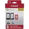 Na zdjęciu znajduje się opakowanie zestawu tuszów Canon z dwoma wkładami: czarnym PG-575 i kolorowym CL-576, oraz papierem fotograficznym. Widoczne napisy to m.in. "Canon", "PIXMA", "100% RECYCLABLE PACKAGE", "Photo Value Pack savings", "575 Black", "576 