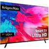 Telewizor z kolorowym, abstrakcyjnym wzorem na ekranie, z widocznymi napisami: "Krüger&Matz", "Powered by VIDAA", "Smart TV" oraz "Ultra HD". Produkt posiada cienką ramkę i stoi na dwóch nóżkach.