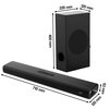 Na zdjęciu znajduje się czarny soundbar oraz subwoofer. Wymiary subwoofera to 220 mm x 120 mm x 400 mm, a soundbara 710 mm x 120 mm x 63 mm.