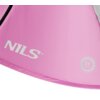 Różowy materiał z widocznym logo "NILS" oraz symbolem "UV PROTECTION" w kształcie słońca. Fragment czarnego zamka błyskawicznego jest również widoczny.