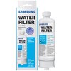 Na zdjęciu znajduje się filtr do lodówki marki Samsung oraz jego opakowanie. Na opakowaniu i filtrze widnieje tekst: "SAMSUNG WATER FILTER Ice & Water Refrigerator Filter", a także informacje techniczne, takie jak "Model Code HAF-QIN/EXP Replacement Cartridge DA97-17376B For Use in System DA97-08006C".