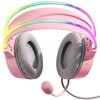 Różowo-szare słuchawki nauszne z mikrofonem, posiadające pałąk z podświetleniem RGB. Na nausznikach widoczne są miękkie poduszki, a mikrofon jest pokryty różową gąbką.