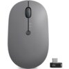 Szara mysz bezprzewodowa z widocznym przyciskiem i rolką, posiada oznaczenia "1" i "2" obok symboli Bluetooth oraz logo "Lenovo" na dołączonym adapterze USB-C.