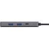 Na zdjęciu znajduje się szary hub z dwoma portami USB typu A, jednym portem USB typu C oraz małą zieloną diodą. Hub jest podłączony kablem widocznym z boku urządzenia.