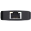 Czarny hub z widocznym portem Ethernet, otoczony srebrną ramką, z dwoma małymi diodami: żółtą i zieloną. Produkt to "Hub TRUST Dalyx USB Typu C 3.2 Gen. 2, Pasywny".