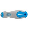 Na zdjęciu widoczny jest uchwyt wkrętaka w kolorze szarym z niebieskimi akcentami, na którym znajduje się napis "MEGA®". Uchwyt ma ergonomiczny kształt z teksturowanymi elementami dla lepszego chwytu.