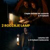 Na zdjęciu widoczne są dwie sceny: w górnej części osoby siedzące w namiocie przy ciepłym świetle lampy z tekstem "Ciepłe światło do czytania o 4 trybach", a w dolnej części osoba trzymająca latarkę LED z tekstem "Latarka LED o 4 trybach świecenia". Na śr
