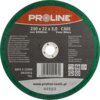 Okrągła tarcza do cięcia z widocznym logo "PROLINE" na czerwonym tle, z oznaczeniami "230 x 22 x 3,0 C30S", "max 6650/min", "Vmax 80m/s" oraz tekstem w różnych językach dotyczącym cięcia kamienia. Na dole znajduje się kod kreskowy, adres strony internetow