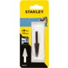 Opakowanie produktu z logo "STANLEY" na żółtym tle, zawierające frez o stożkowym kształcie, z oznaczeniem rozmiaru "Ø6mm -14mm" oraz numerem "STA66185". W tle widoczny jest wzór przypominający metalową kratkę oraz ilustracja wiertarki.