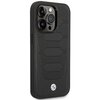 Czarne etui na telefon z wzorem przypominającym siedzenia samochodowe, posiada wycięcia na aparat i przyciski. Na dole etui widoczne jest okrągłe logo z niebiesko-białym wzorem.