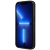 Przedstawione jest czarne etui na telefon z wzorem przypominającym siedzenia samochodowe, przeznaczone dla modelu Apple iPhone 14 Pro Max. Na ekranie telefonu widoczna jest niebieska grafika z jasnymi liniami tworzącymi kształt litery "T".