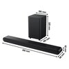 Na zdjęciu znajduje się czarny soundbar oraz subwoofer. Wymiary subwoofera to 195 mm x 195 mm x 320 mm, a soundbara 810 mm x 62 mm x 98 mm.