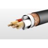 Przekrój kabla ukazujący jego wewnętrzną strukturę, w tym różnokolorowe przewody miedziane otoczone izolacją oraz oplotem ochronnym. Kabel ma czarną zewnętrzną powłokę.