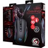 Opakowanie przedstawia mysz gamingową z podświetleniem RGB, z napisem "USB Gaming RGB Backlighted Mouse" oraz specyfikacją techniczną, w tym 7200 DPI, 10 przycisków i żywotność 10 milionów kliknięć. Na opakowaniu znajduje się również logo producenta "GMB 