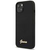 Czarne etui na telefon z widocznym złotym logo "Guess" na dole. Etui ma wycięcia na aparat i przyciski boczne.