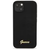 Czarne etui na telefon z wycięciem na aparat w górnej części. Na dole widnieje złote logo "Guess".