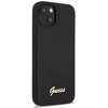 Czarne etui na telefon z wycięciem na aparat, wykonane z gładkiego materiału. Na dole etui widnieje złoty napis "Guess".