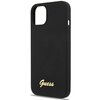 Czarne etui na telefon z wycięciem na aparat i przyciski boczne. Na dole etui widnieje złote logo z napisem "Guess".